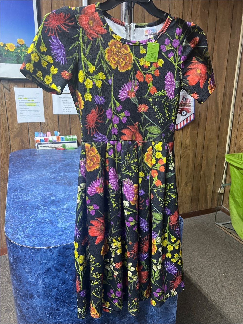 LuLaRoe Black Floral Short-Sleeve Girls Dress with Multicolor Blooms